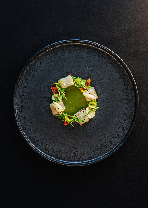 Aguachile verde de pescado con jícama, pepino, tomate, manzana y charalitos fritos
