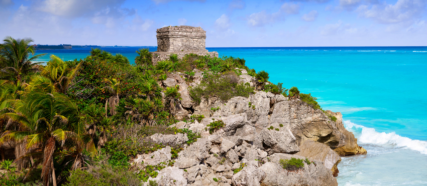 Tulum Mayan city ruins in Riviera Maya at the Caribbean of Mayan Mexico