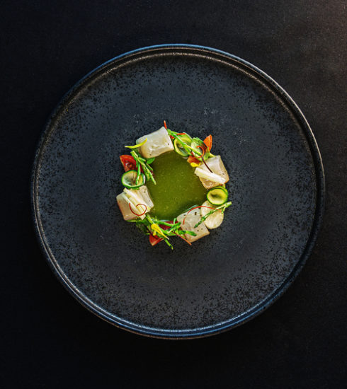 Green fish Aguachile with jicama, cucumber, tomato, apple and fried charalitos